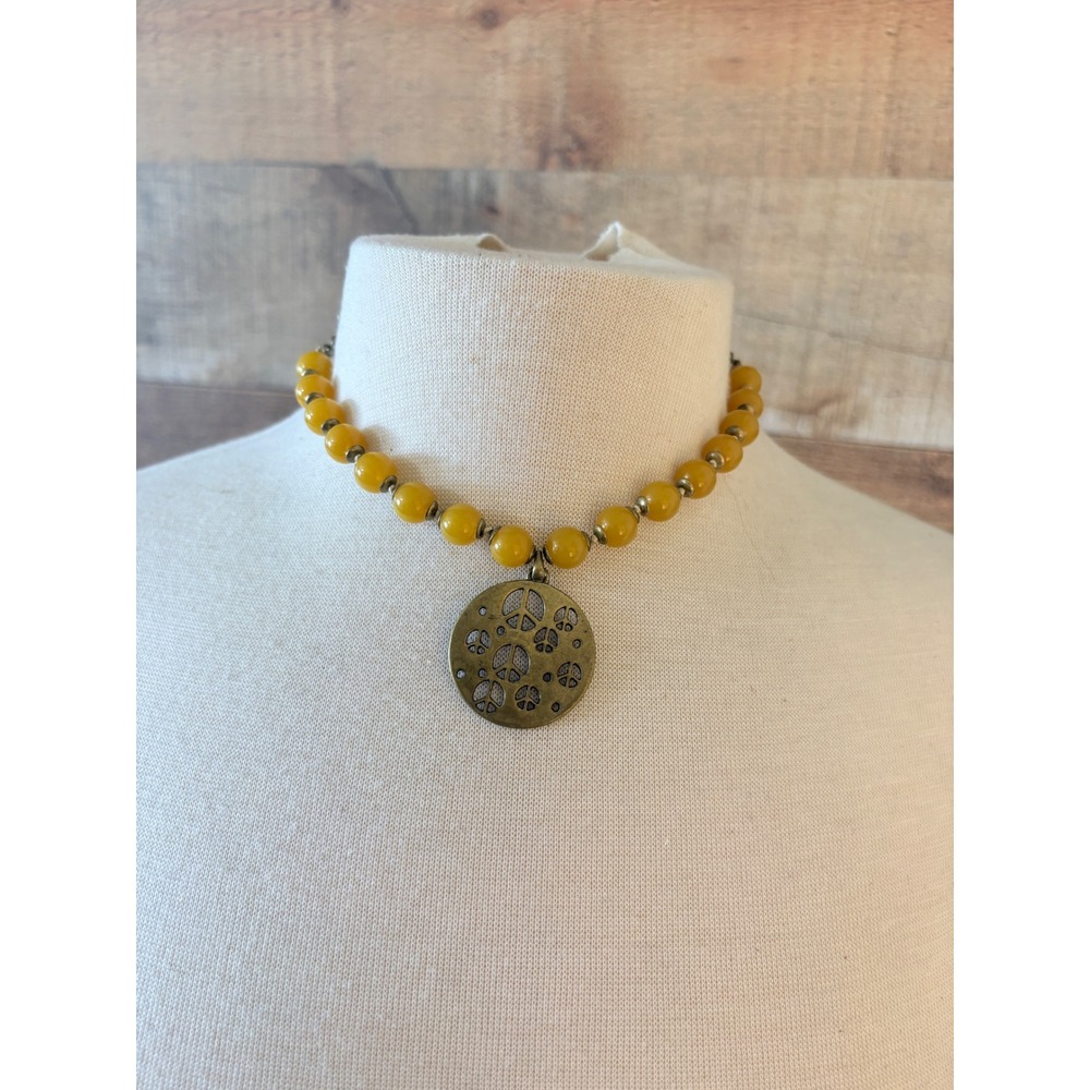 SX Mustard Yellow Beaded Peace Sign Pendant Necklace Bronze Tone Boho Retro